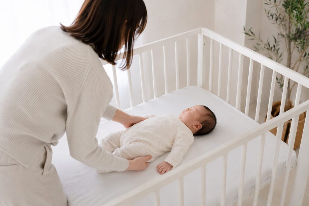 女性が赤ちゃんをベビーベッドに寝かせている様子